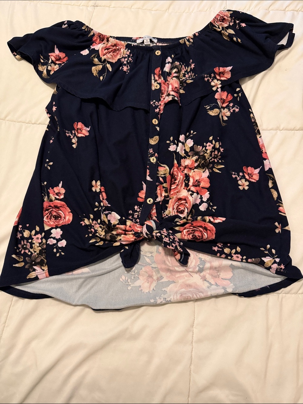 Navy Floral Off-Shoulder Tie Front Top